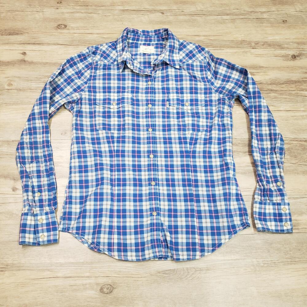 Levi's Shirt Womens Small Blue Plaid Western Long Sleeve Button Front Cotton Top